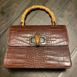 Genuine leather bamboo handle bag brown